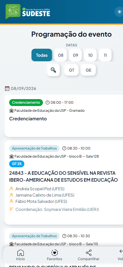 Programação do evento no webapp, com filtro por data e lista de sessões