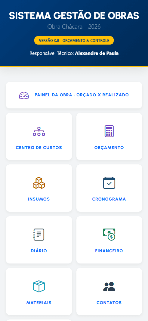Menu inicial do sistema com painel, centro de custos, orçamento, insumos, cronograma, diário, financeiro, materiais e contatos