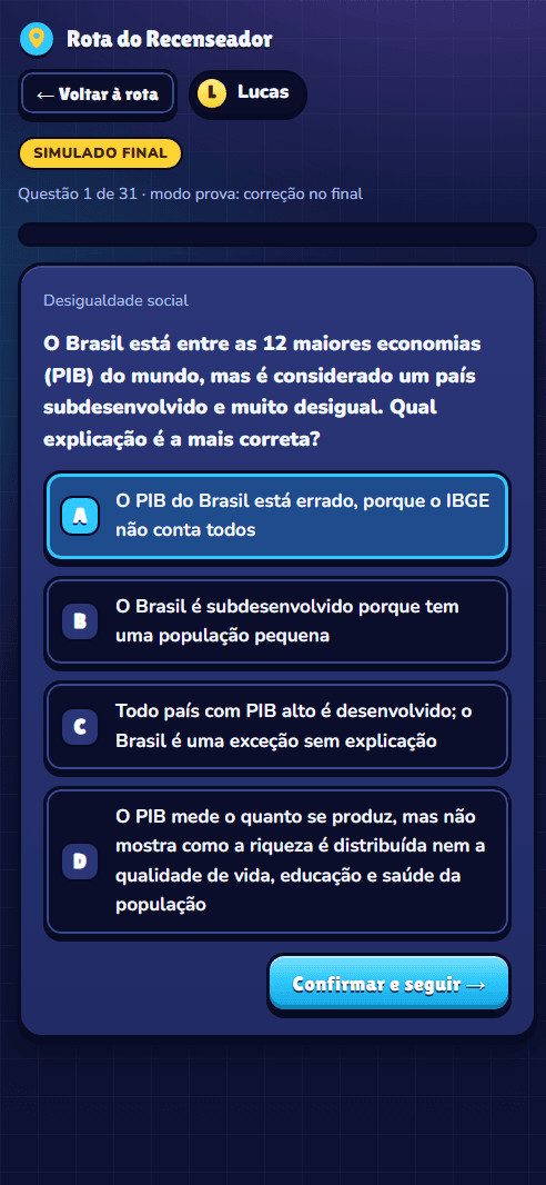 Questão de múltipla escolha do simulado final sobre desigualdade social no Brasil